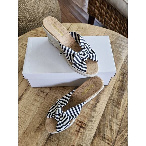Chico's Blue White Striped Wedges Mules/Slides Size 8 Coastal Nautical Beach - Picture 1 of 10
